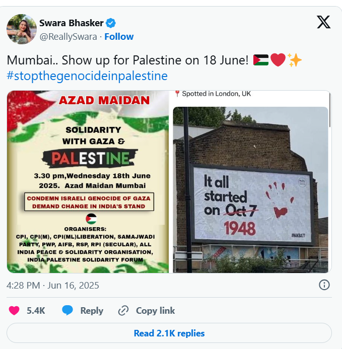 Bollywood actress Swara Bhaskar tweet